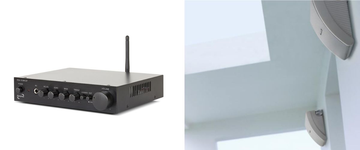 Alt-teksti: Dynavox-vahvistin ja seinään asennetut Yamaha-kaiuttimet terassin tai saunan katossa