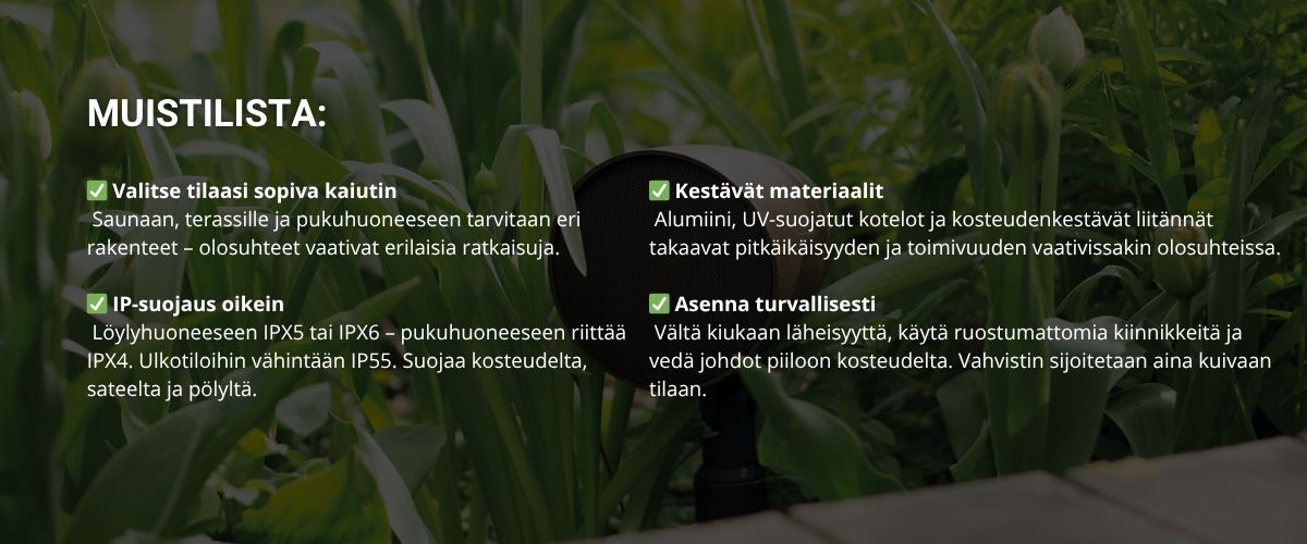 Infografiikka muistilistasta, jossa käydään läpi saunaan ja terassille sopivien kaiuttimien valintaan vaikuttavat tekijät: IP-suojaus, materiaalien kestävyys, sijoittelu ja turvallinen asennus.