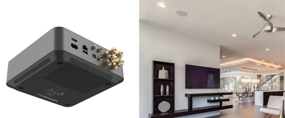 WiiM Amp Pro -verkkovahvistin liitäntöineen ja Monitor Audio AWC280-T2 -kaiutin asennusvaiheessa kattoon – moderni, älykäs ja säänkestävä ääniratkaisu yhdellä kaiuttimella.