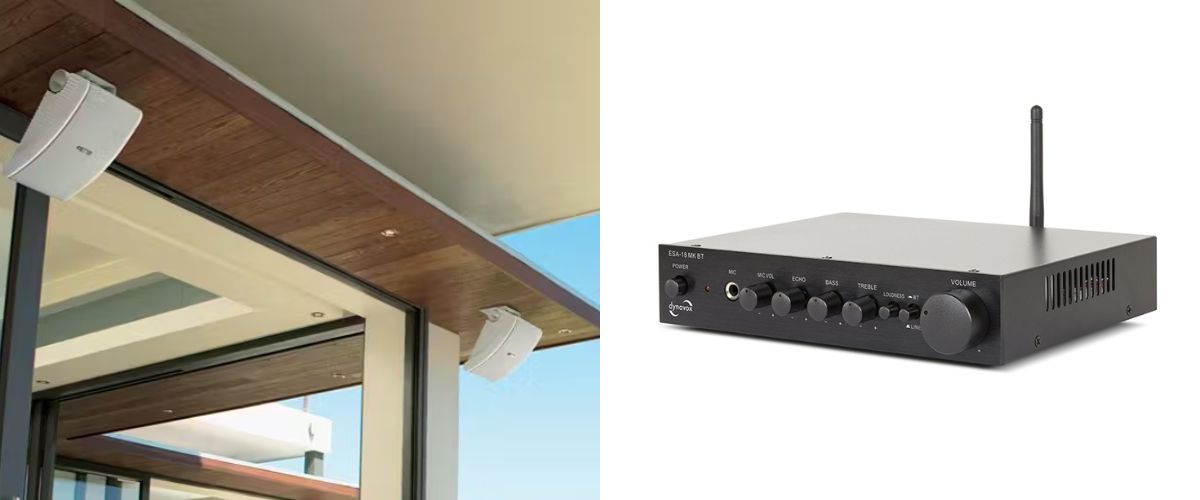 Valkoiset Yamaha NS-AW592 kaiuttimet asennettuna modernin talon terassikattoon ja Dynavox ESA-18 BT MK Bluetooth-vahvistin pöytäpinnalla
