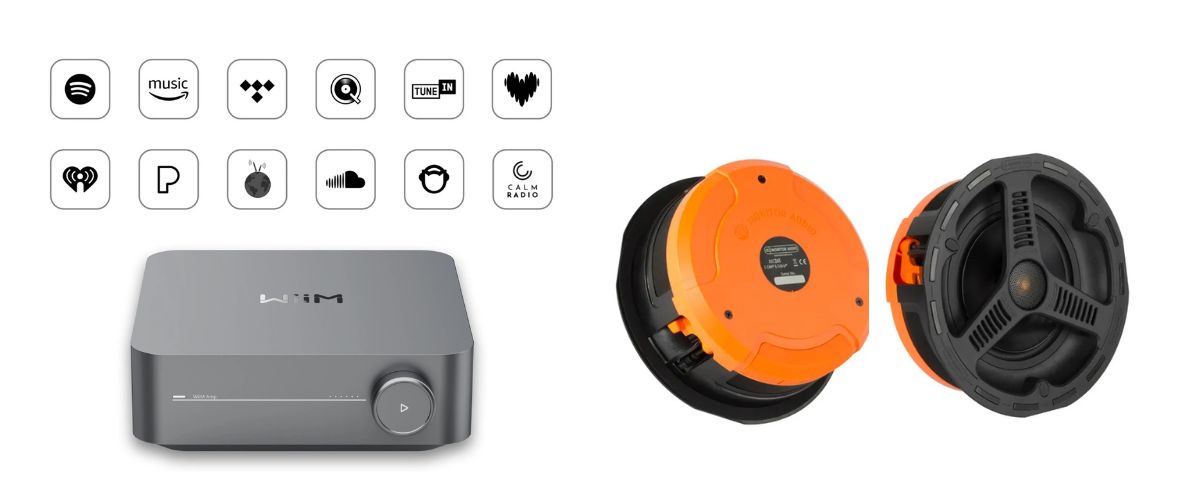 WiiM Amp -verkkovahvistin ja Monitor Audio AWC265 uppokaiuttimet sekä suoratoistopalvelujen logot