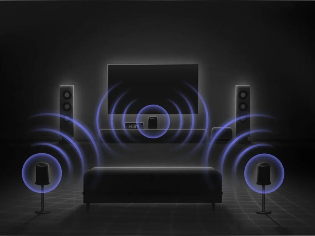 WiiM Sound Lite langaton älykaiutin käyttömahdollisuuksia, keskikaiutin ja takakaiutin